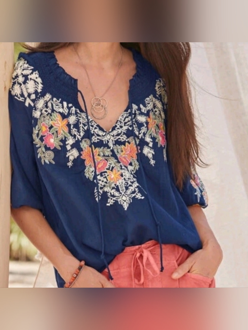​Sundance Preeda Navy Blue Embroidered Boho Peasant Top Size S